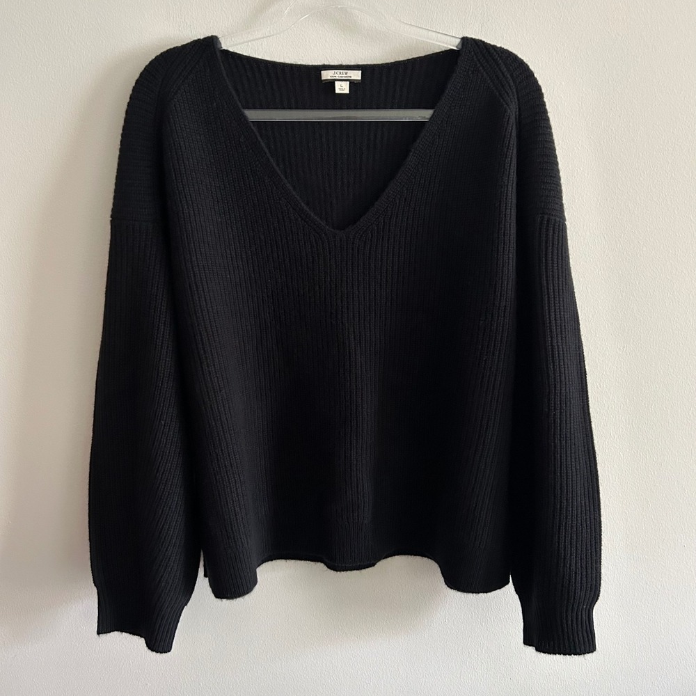 J.Crew Sweater Black Large 100% Cashmere Ribbed V-Neck Pullover BJ578